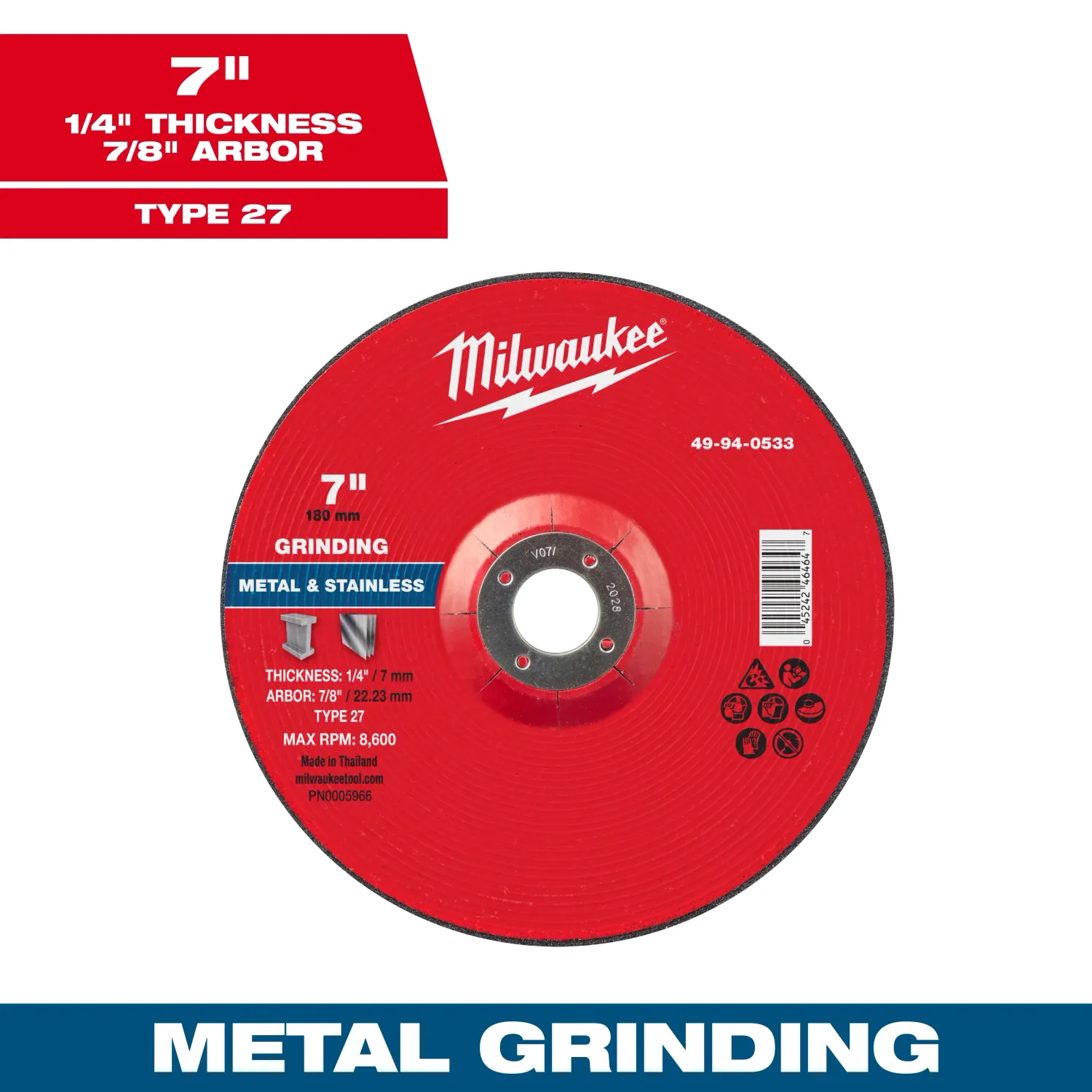 Milwaukee Metal Grinding Wheel, 7" X 1/4" X 7/8" - Type 27