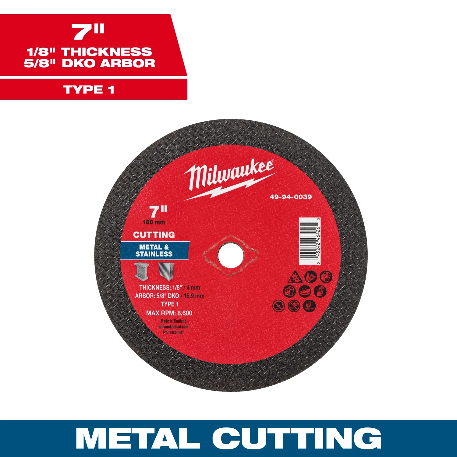 Milwaukee DKO Metal Cut Off Wheel, 7" X 1/8" X 5/8" - Type 1
