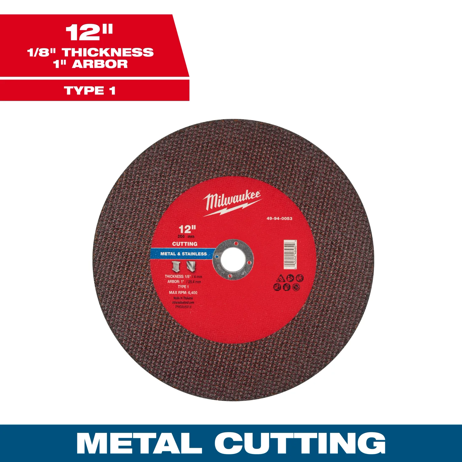 Milwaukee Metal &amp; Stainless Cut Off Wheel, 12" X 1/8" X 1" - Type 1