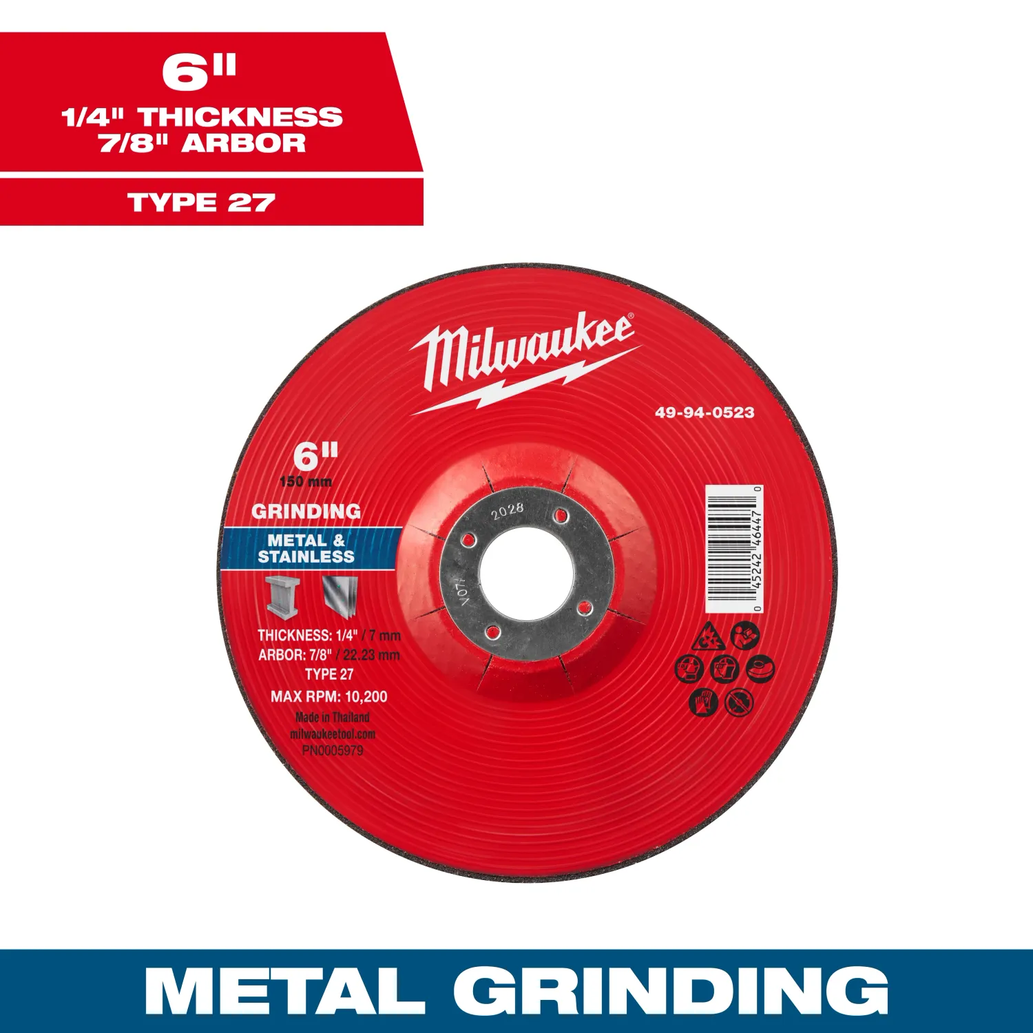 Milwaukee Metal Grinding Wheel, 6" X 1/4" X 7/8" - Type 27