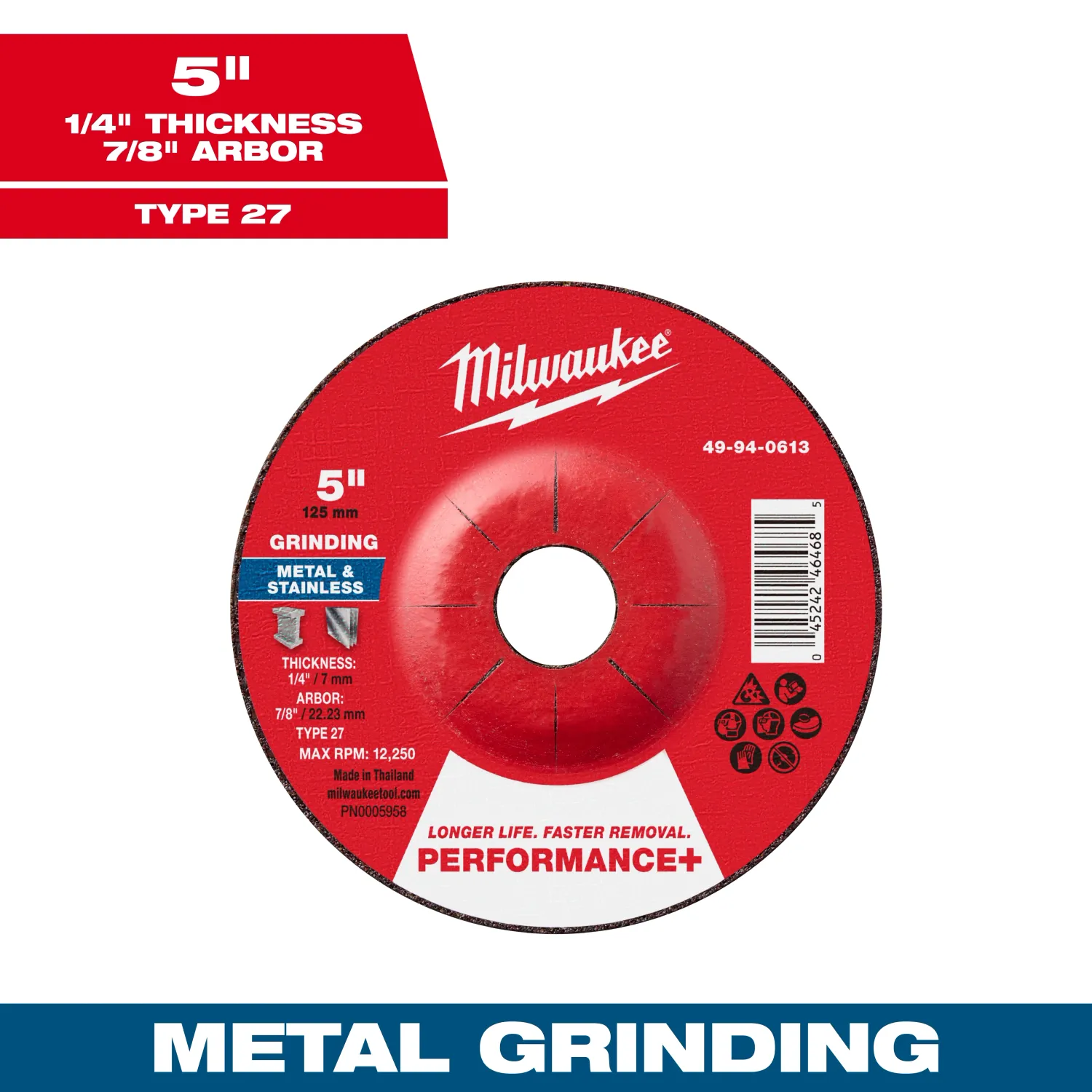 Milwaukee PERFORMANCE+ Metal Grinding Wheel, 5" X 1/4" X 7/8" - Type 27