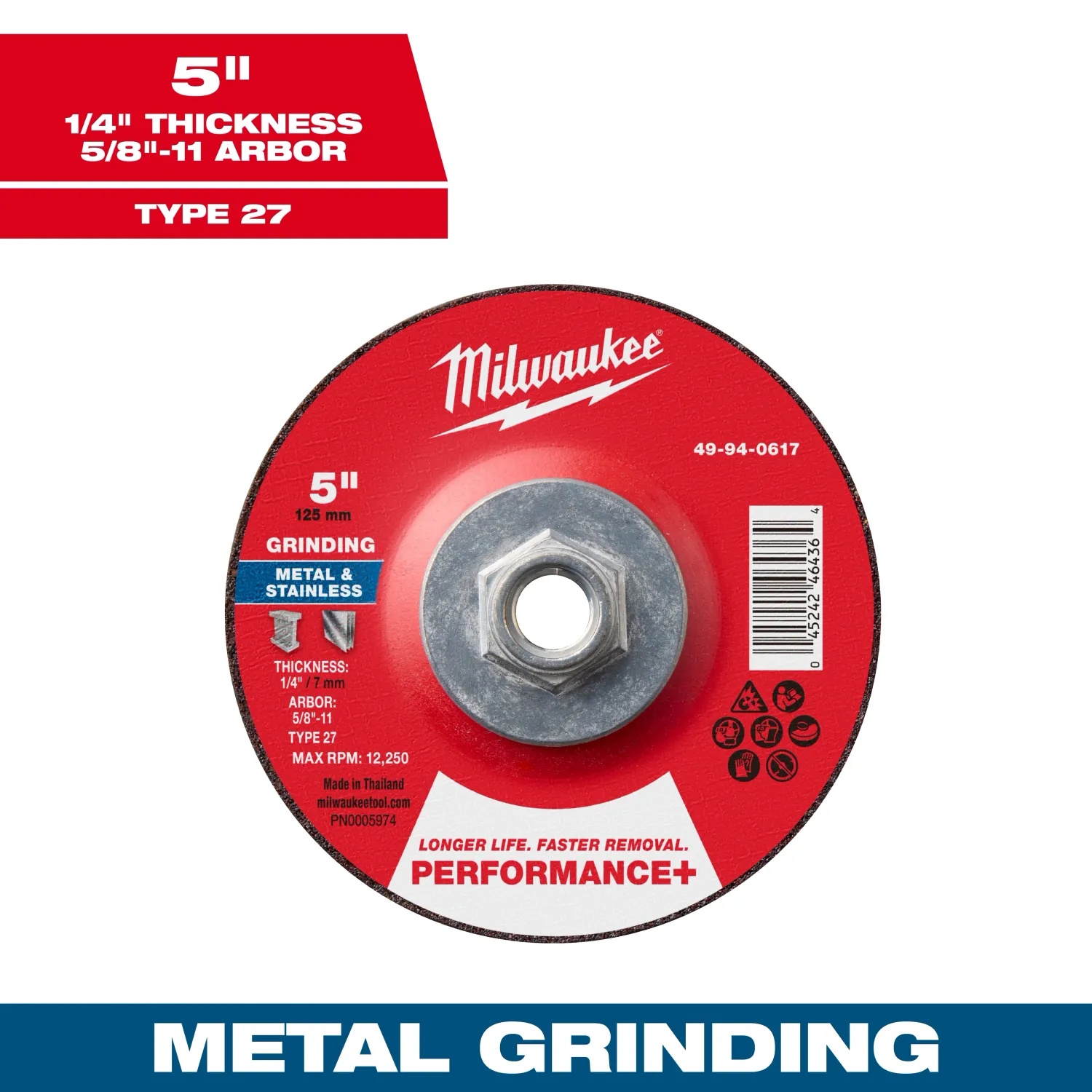 Milwaukee PERFORMANCE+ Metal Grinding Wheel, 5" X 1/4" X 5/8"-11 Threaded - Type 27
