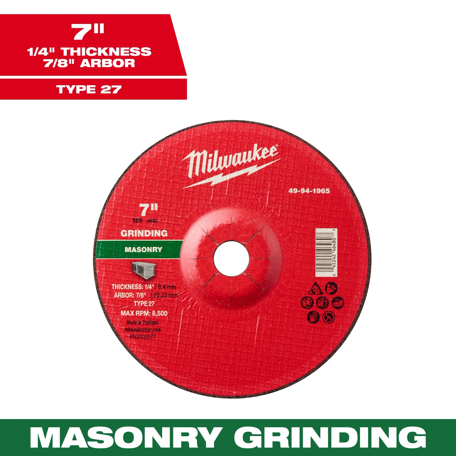 Milwaukee Masonry Cut Off Wheel, 7" X 1/4" X 1" - Type 27