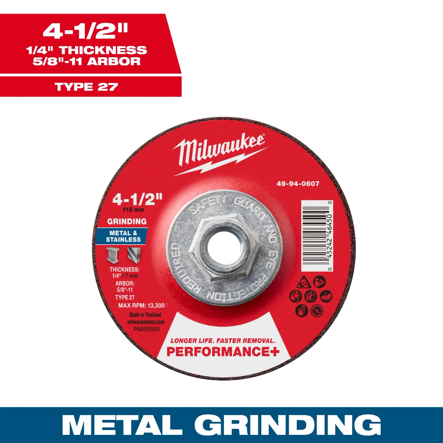 Milwaukee PERFORMANCE+ Metal Grinding Wheel, 4-1/2" X 1/4" X 5/8"-11 Threaded - Type 27