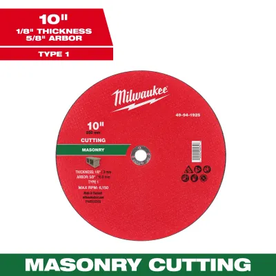 Milwaukee Masonry Cut Off Wheel, 10" X 1/8" X 5/8" - Type 1