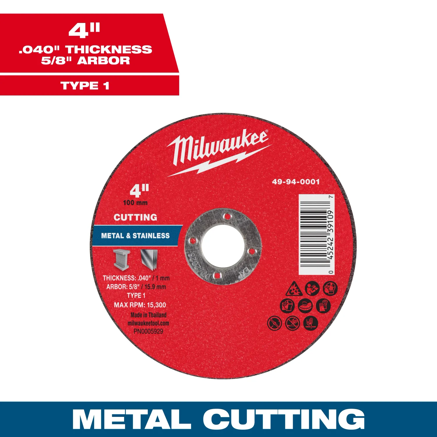 Milwaukee Metal Cut Off Wheel, 4" X .040" X 5/8" - Type 1