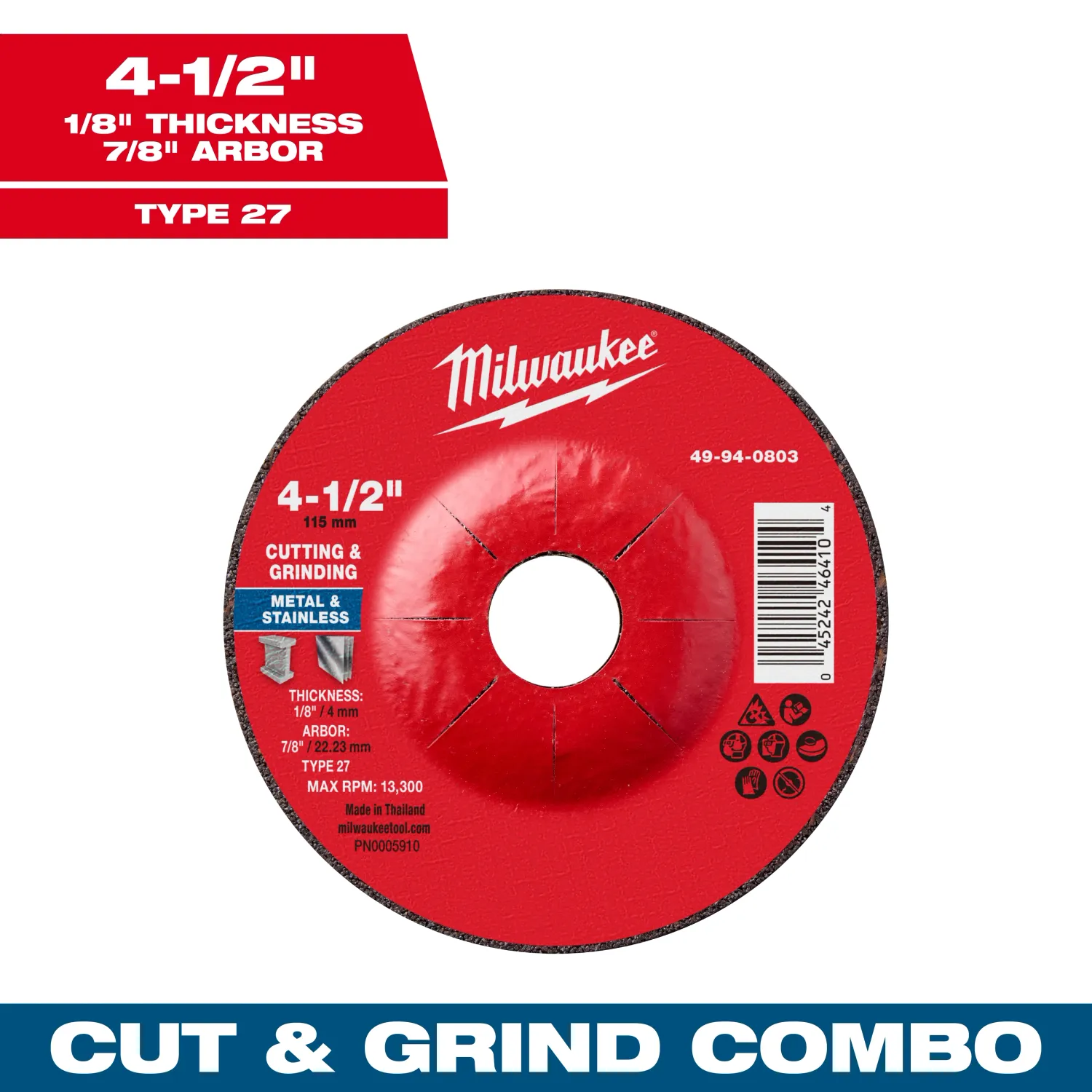 Milwaukee Dual Metal Cut &amp; Grind Wheel, 4-1/2" X 1/8" X 7/8" - Type 27