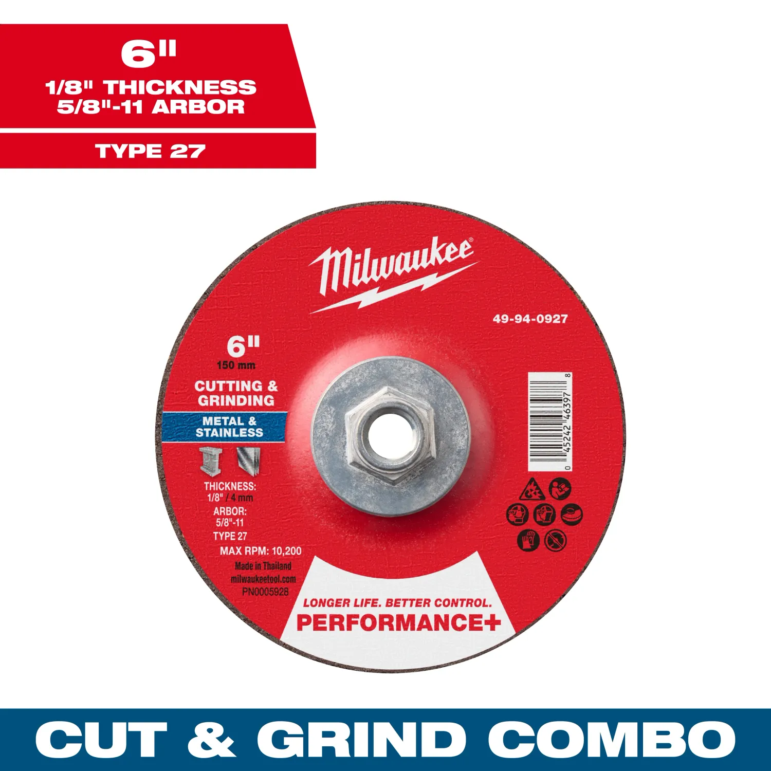 Milwaukee PERFORMANCE+ Dual Metal Cut &amp; Grind Wheel, 6" X 1/8" X 5/8"-11 Threaded Type 27