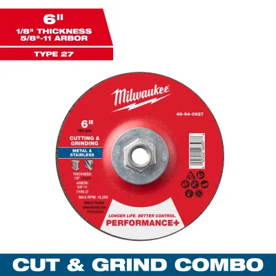 Milwaukee PERFORMANCE+ Dual Metal Cut &amp; Grind Wheel, 6" X 1/8" X 5/8"-11 Threaded Type 27