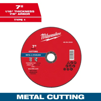 Milwaukee Metal Cut Off Wheel, 7" X 1/16" X 7/8" - Type 1
