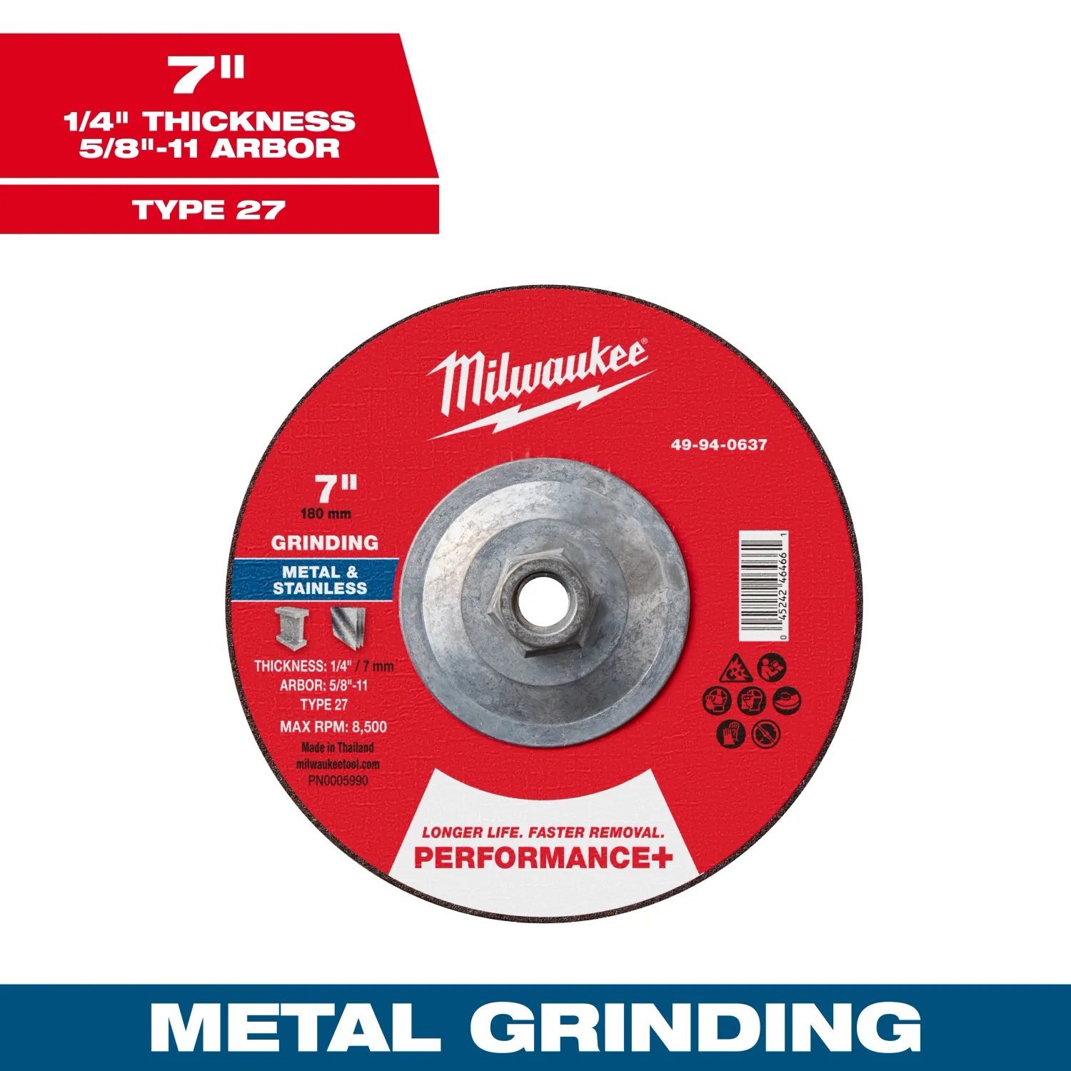 Milwaukee PERFORMANCE+ Metal Grinding Wheel, 7" X 1/4" X 5/8"-11 Threaded - Type 27