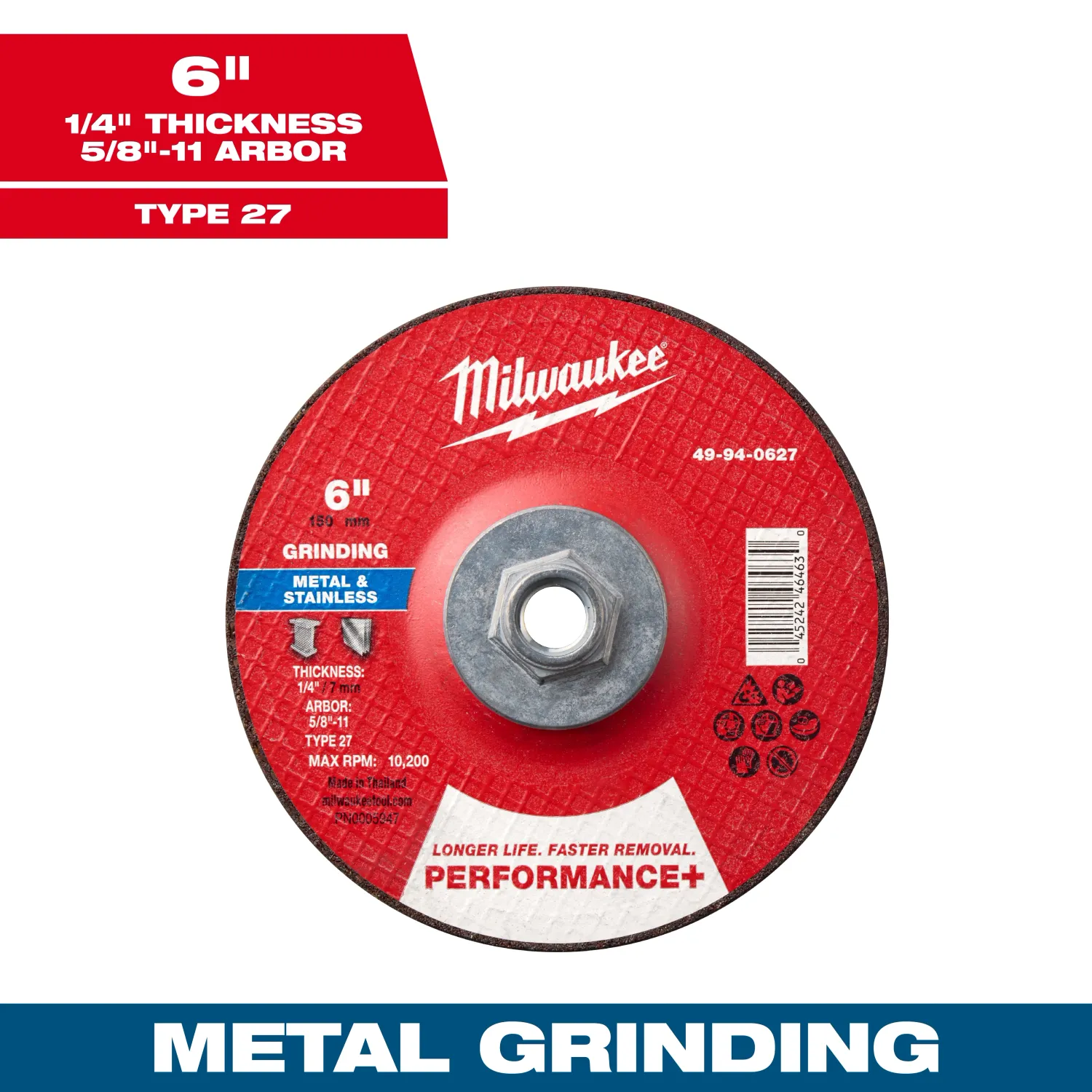 Milwaukee PERFORMANCE+ Metal &amp; Stainless Grinding Wheel, 6" X 1/4" X 5/8"-11 Threaded - Type 27