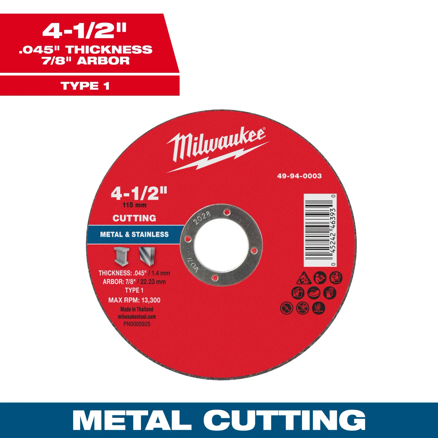 Milwaukee Metal Cut Off Wheel, 4-1/2" X .045" X 7/8" - Type 1