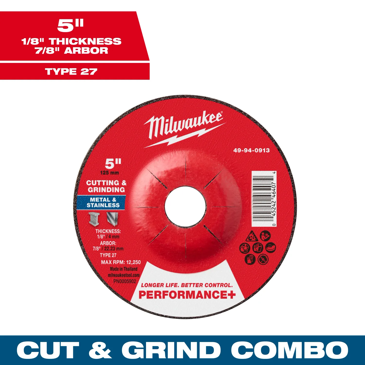 Milwaukee PERFORMANCE+ Dual Metal Cut &amp; Grind Wheel, 5" X 1/8" X 7/8" - Type 27