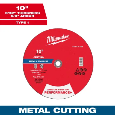 Milwaukee PERFORMANCE+ Metal Cut Off Wheel, 10" X 3/32" X 5/8" - Type 1