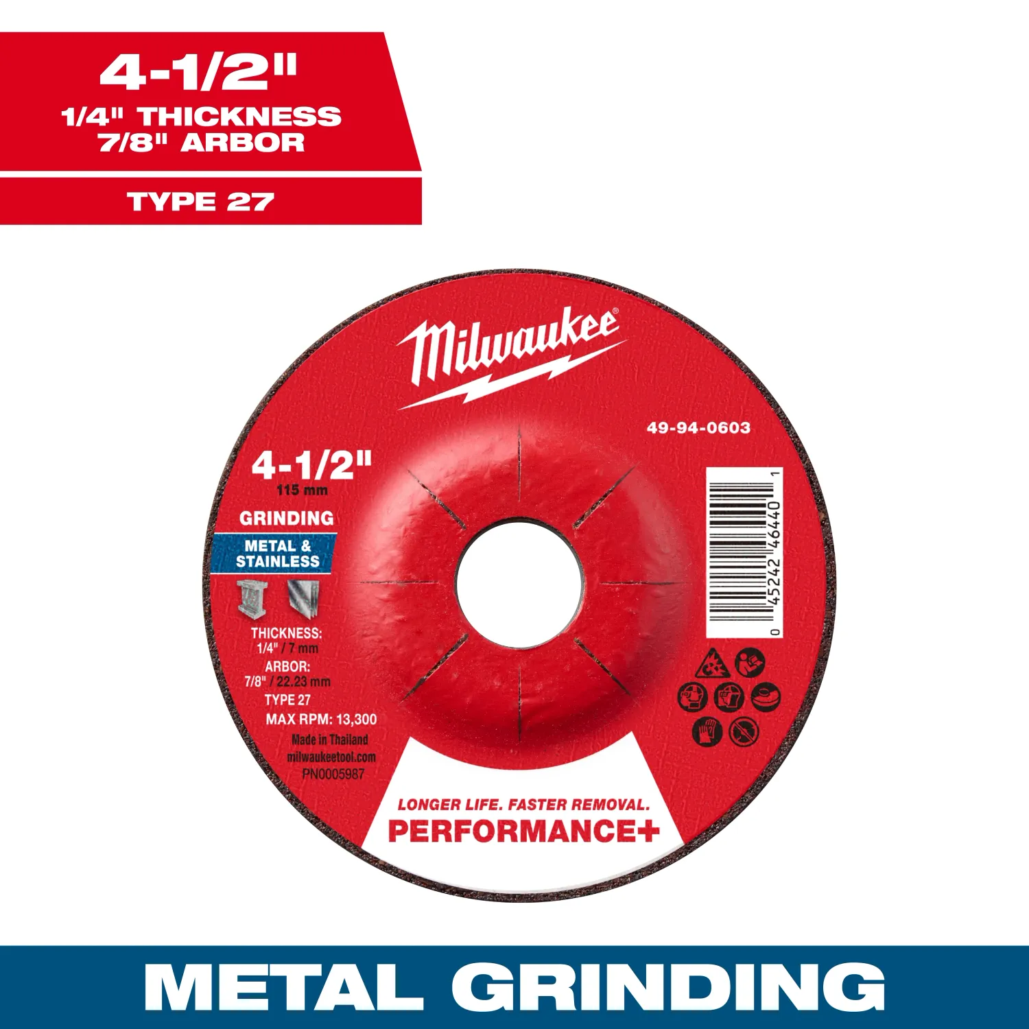 Milwaukee PERFORMANCE+ Metal Grinding Wheel, 4-1/2" X 1/4" X 7/8" - Type 27
