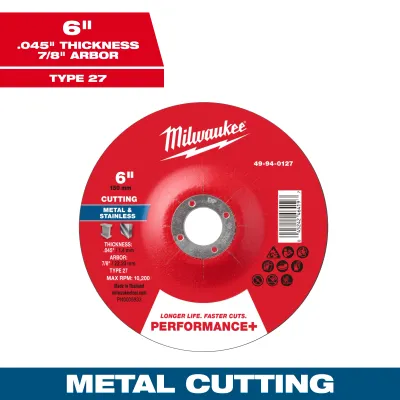 Milwaukee PERFORMANCE+ Metal Cut Off Wheel, 6" X .045" X 7/8" - Type 27