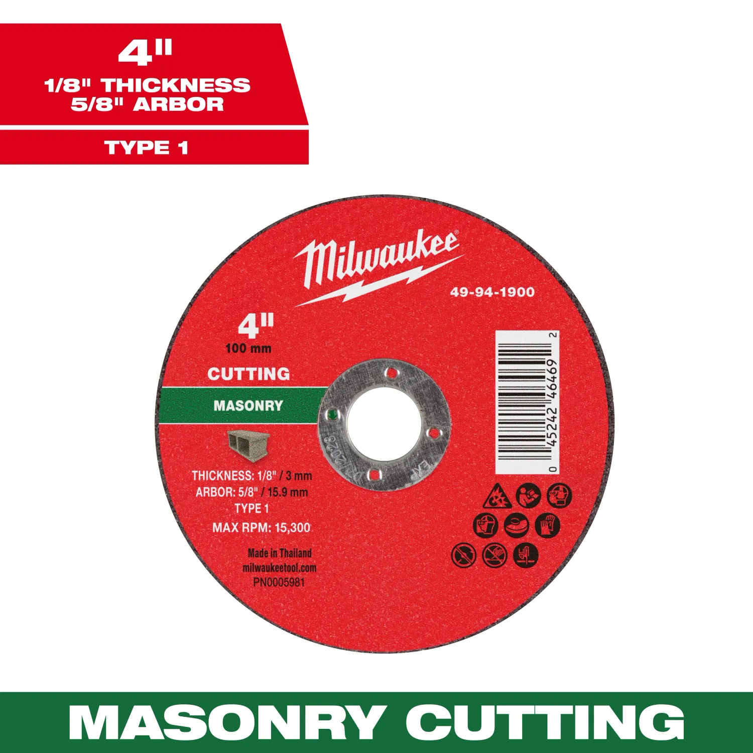 Milwaukee Masonry Cut Off Wheel, 4" X 1/8" X 5/8" - Type 1