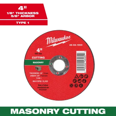 Milwaukee Masonry Cut Off Wheel, 4" X 1/8" X 5/8" - Type 1