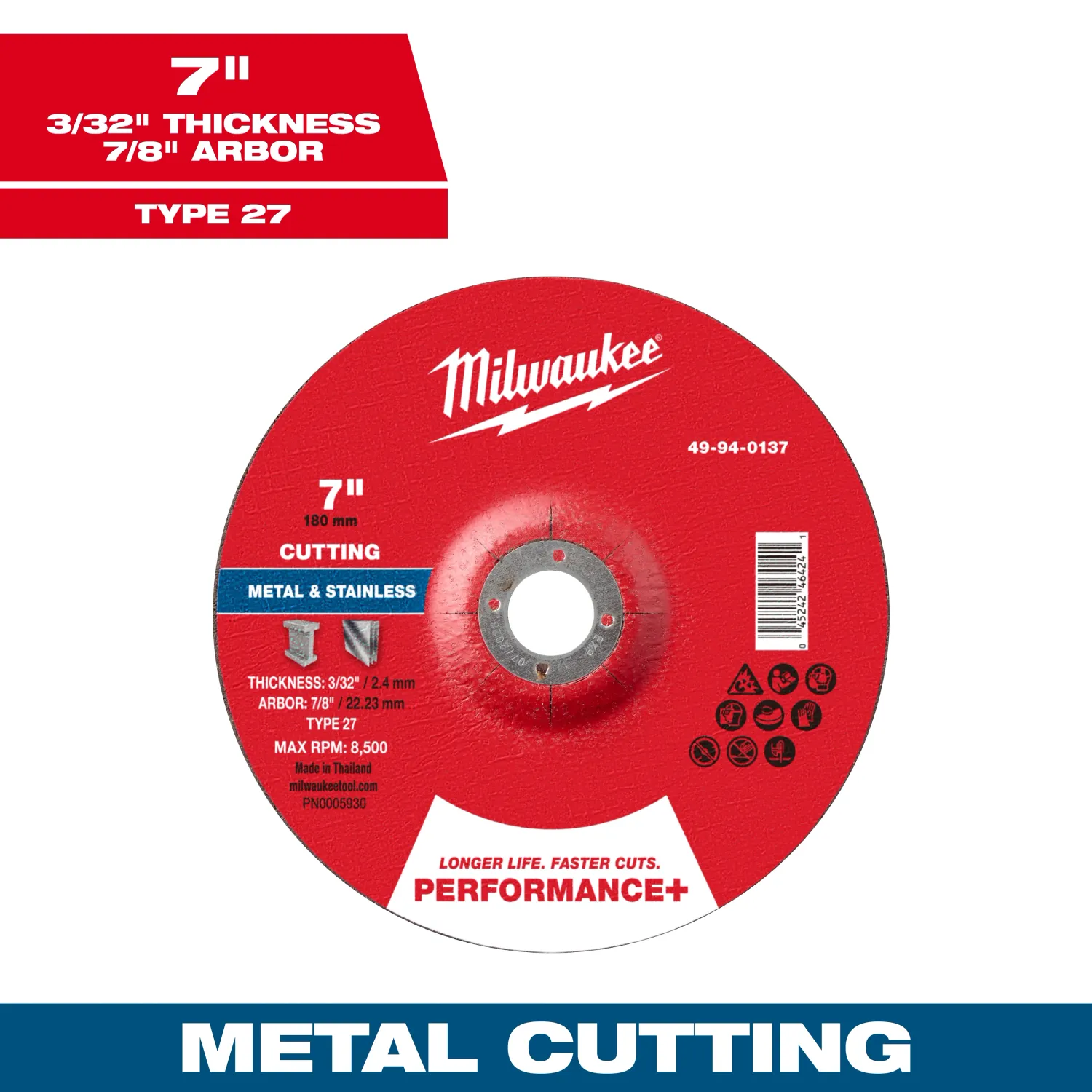 Milwaukee PERFORMANCE+ Metal Cut Off Wheel, 7" X 3/32" X 7/8" - Type 27