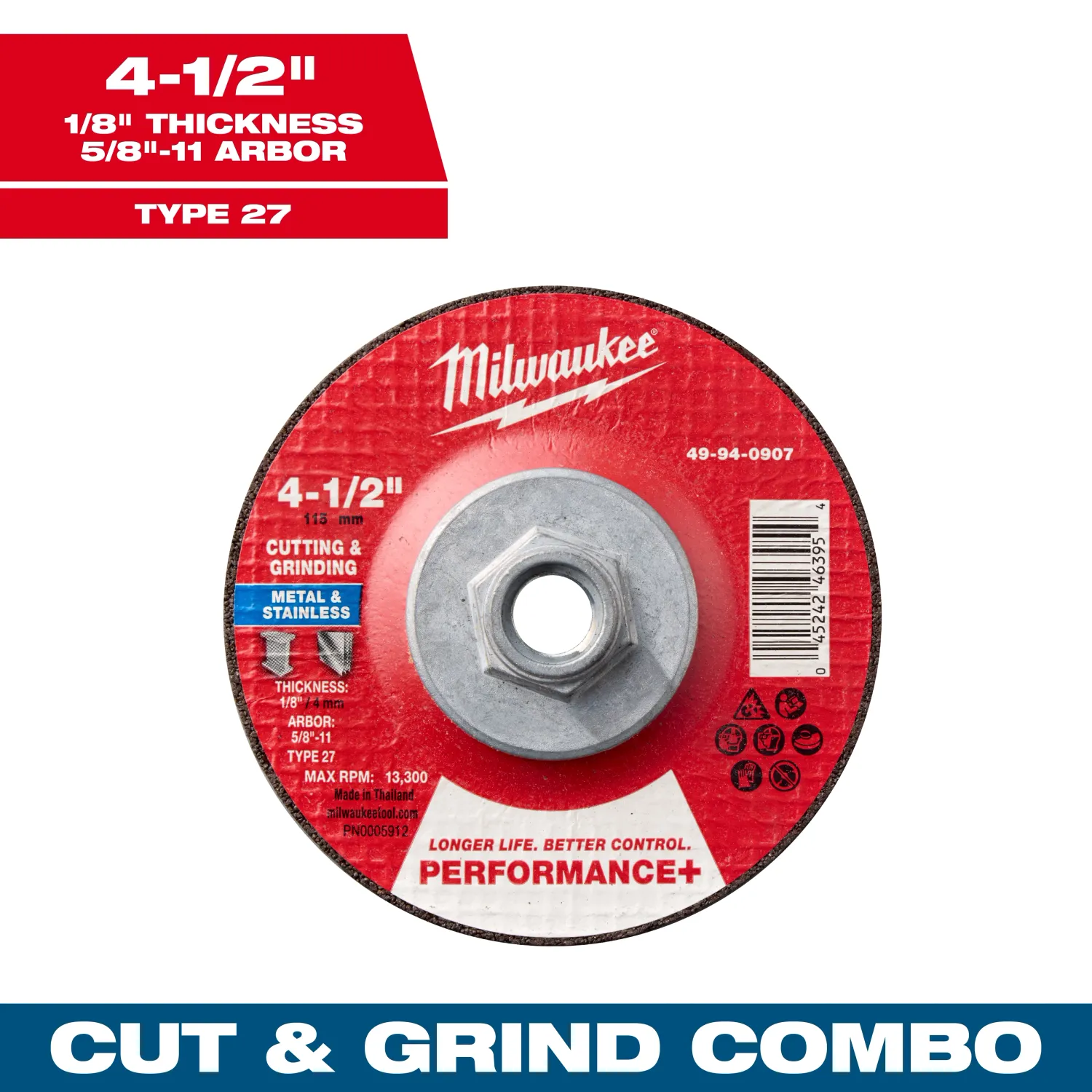 Milwaukee PERFORMANCE+ Dual Metal Cut &amp; Grind Wheel, 4-1/2" X 1/8" X 5/8"-11 Threaded Type 27