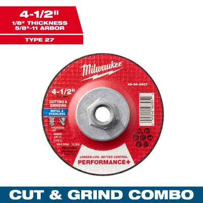 Milwaukee PERFORMANCE+ Dual Metal Cut &amp; Grind Wheel, 4-1/2" X 1/8" X 5/8"-11 Threaded Type 27