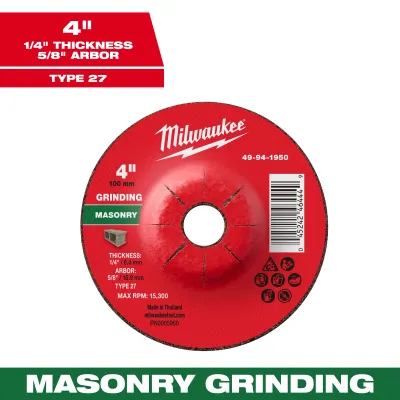 Milwaukee Masonry Grinding Wheel, 4" X 1/4" X 7/8" - Type 27