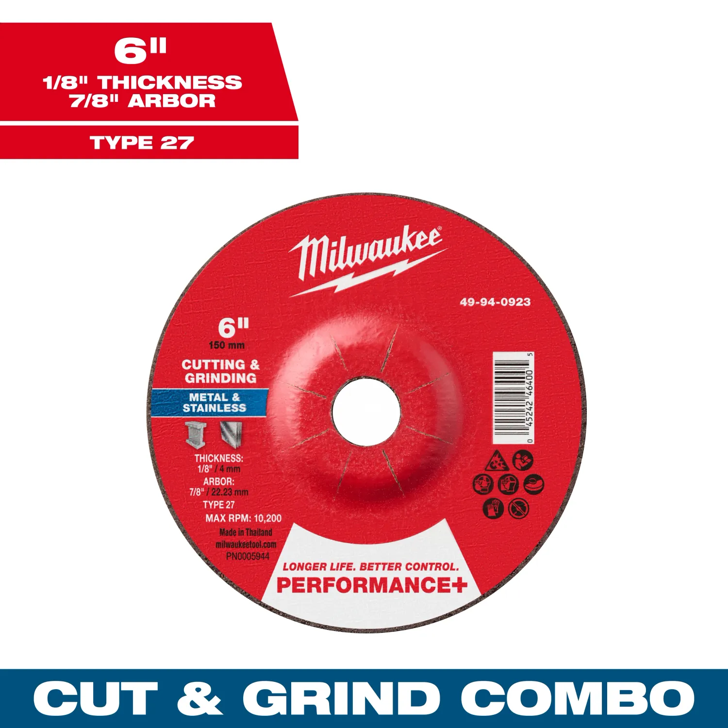 Milwaukee PERFORMANCE+ Dual Metal Cut &amp; Grind Wheel, 6" X 1/8" X 7/8" Type 27