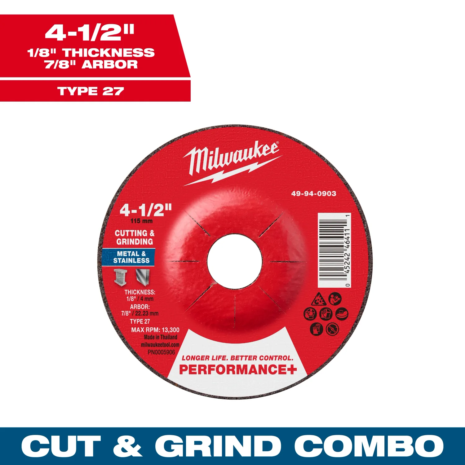 Milwaukee PERFORMANCE+ Dual Metal Cut &amp; Grind Wheel, 4-1/2" X 1/8" X 7/8" - Type 27