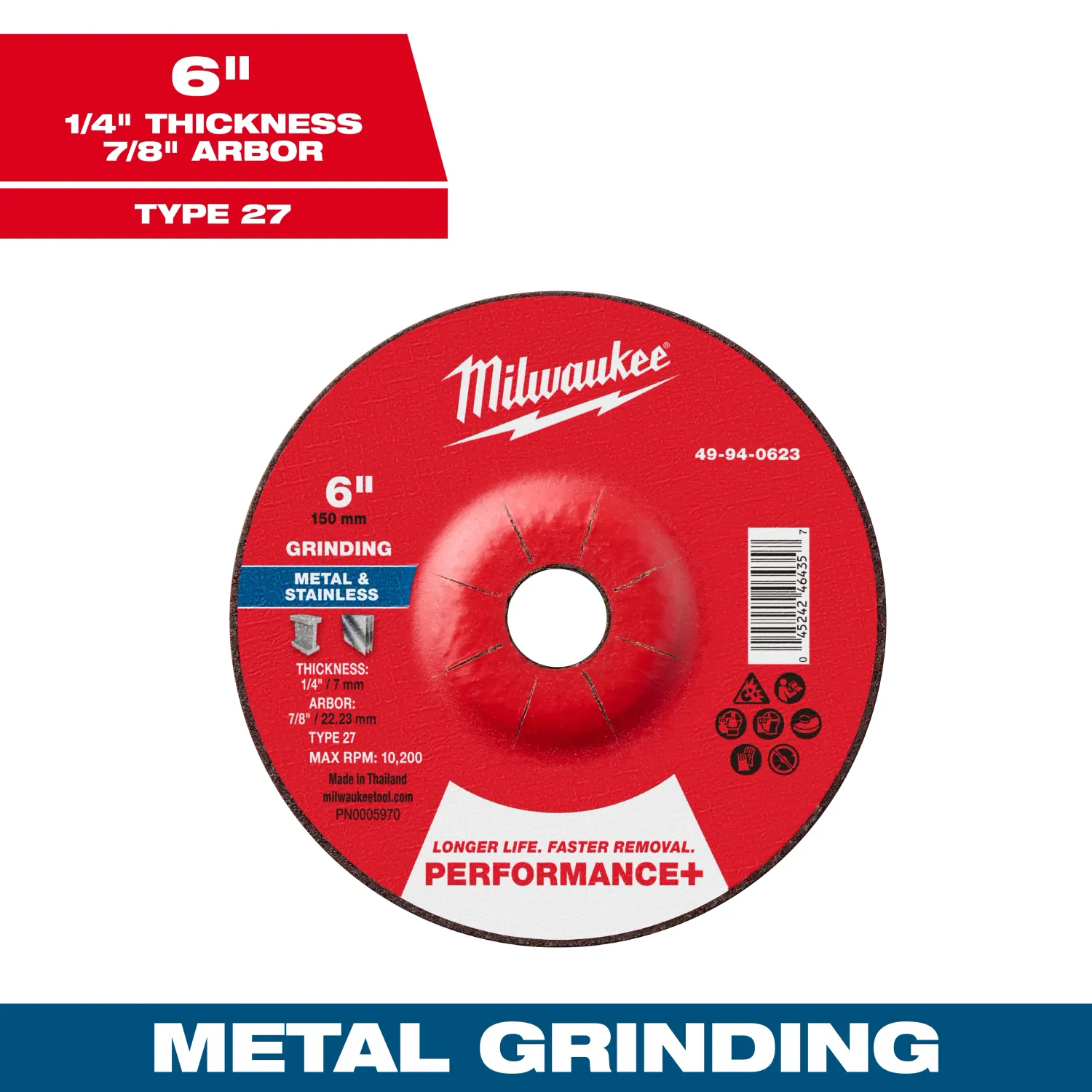 Milwaukee PERFORMANCE+ Metal Grinding Wheel, 6" X 1/4" X 7/8" Type 27