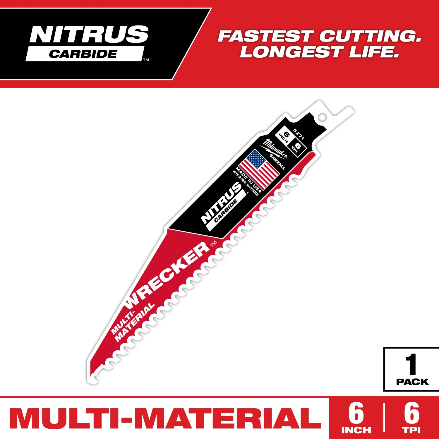 Milwaukee WRECKER™ Nitrus Carbide™ Multi-Material Sawzall Blade, 6" X 6TPI 1Pk