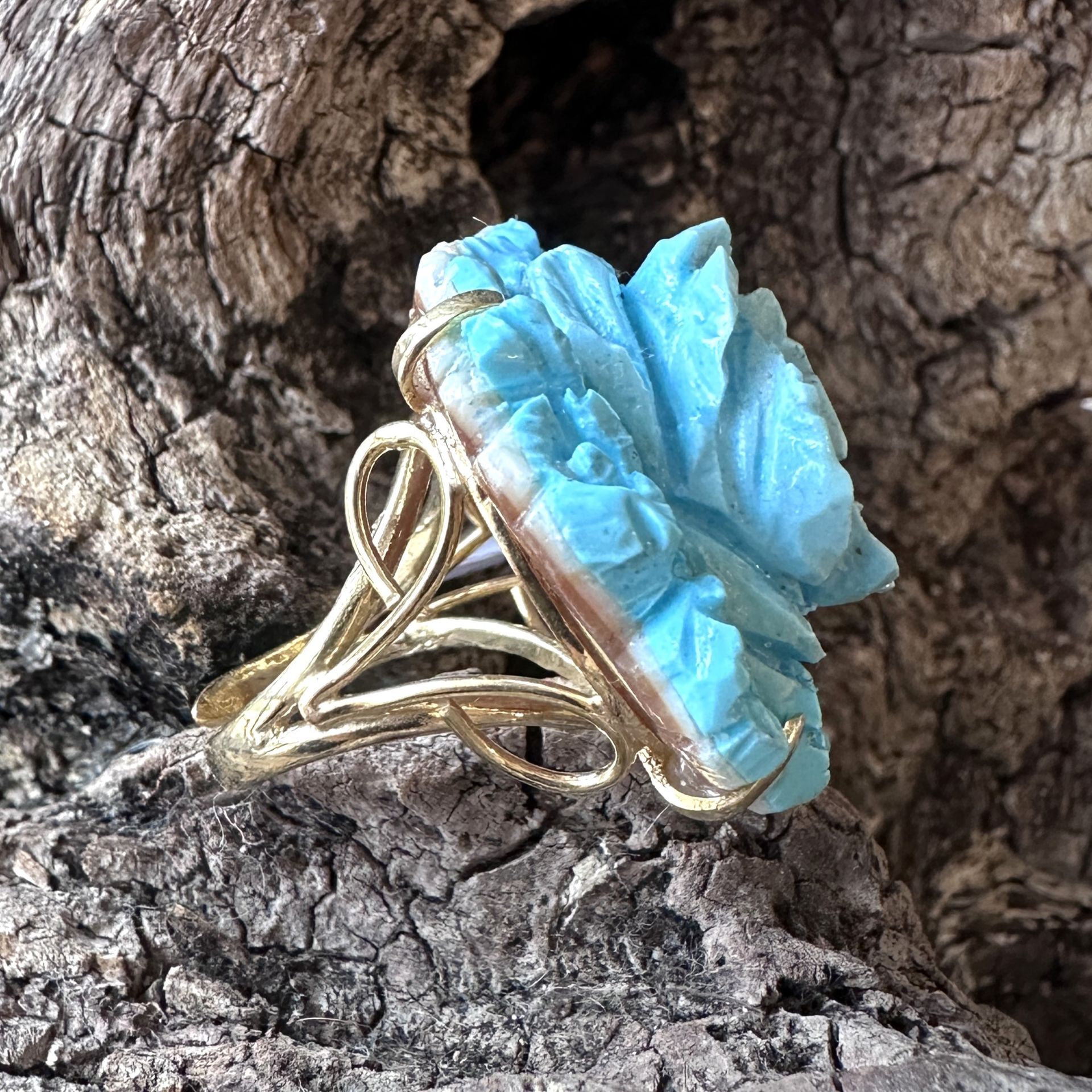 Anello in argento bagnato oro con fiore in turchese-Genny