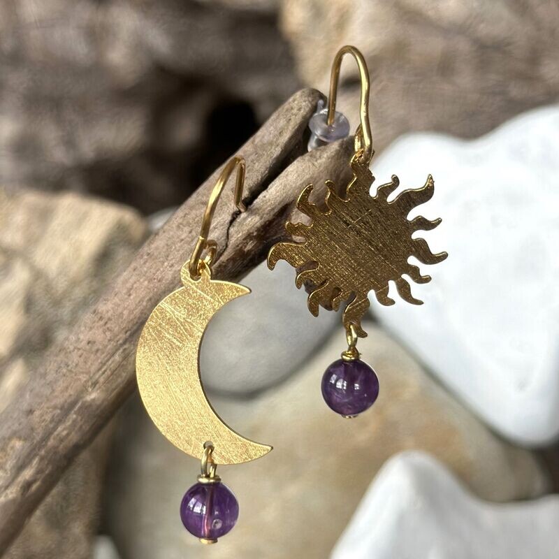 Orecchini in ottone sole luna con ametista-Barbara Burgio