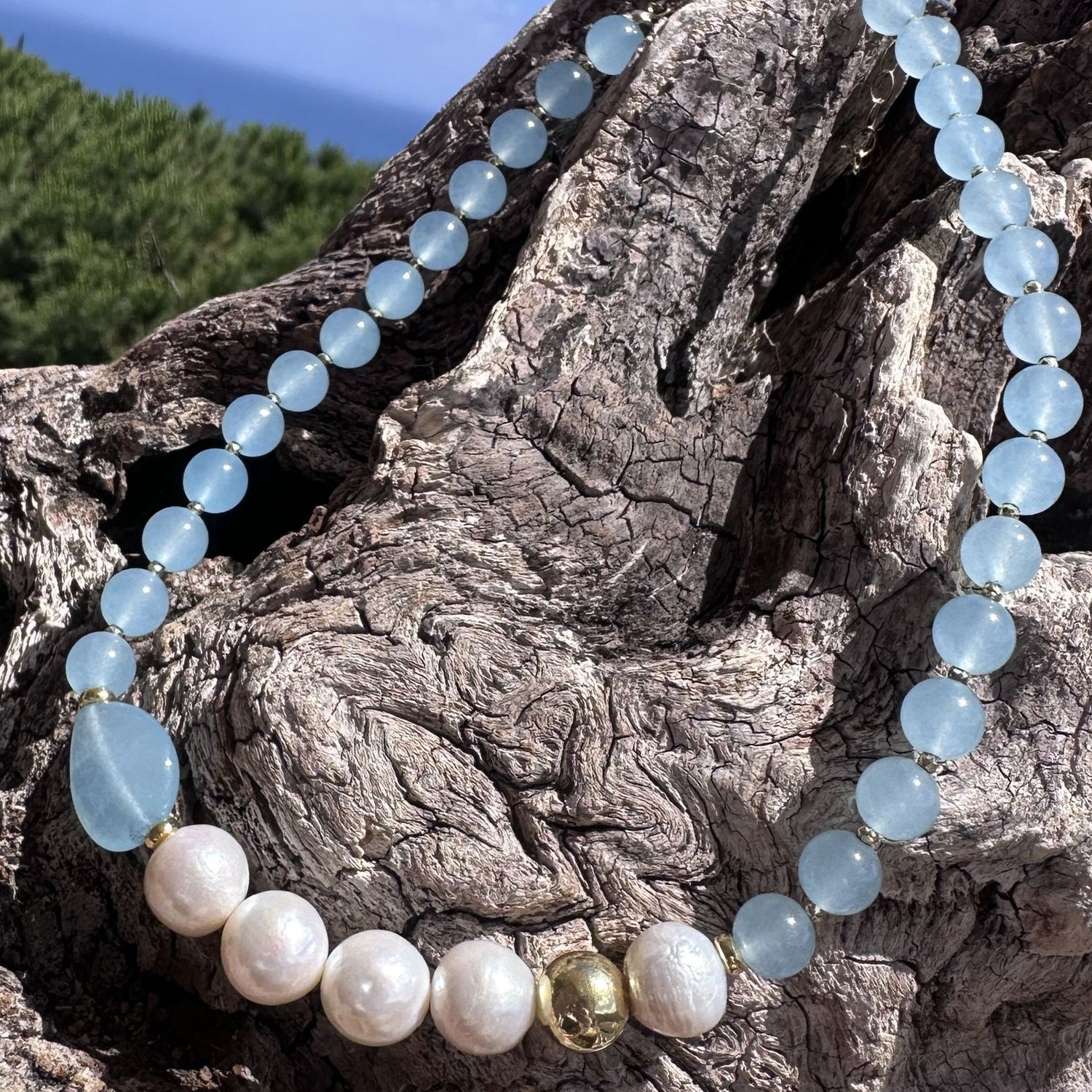 Collana in giada azzurra e perle-Kikilia