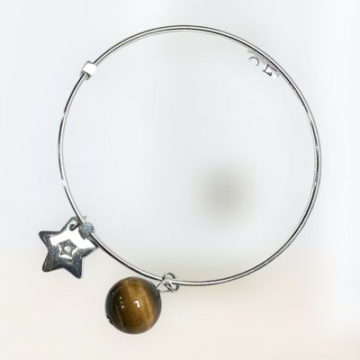 Bracciale rigido in acciaio 'Leone' con occhio di tigre-Ventura Gioielli