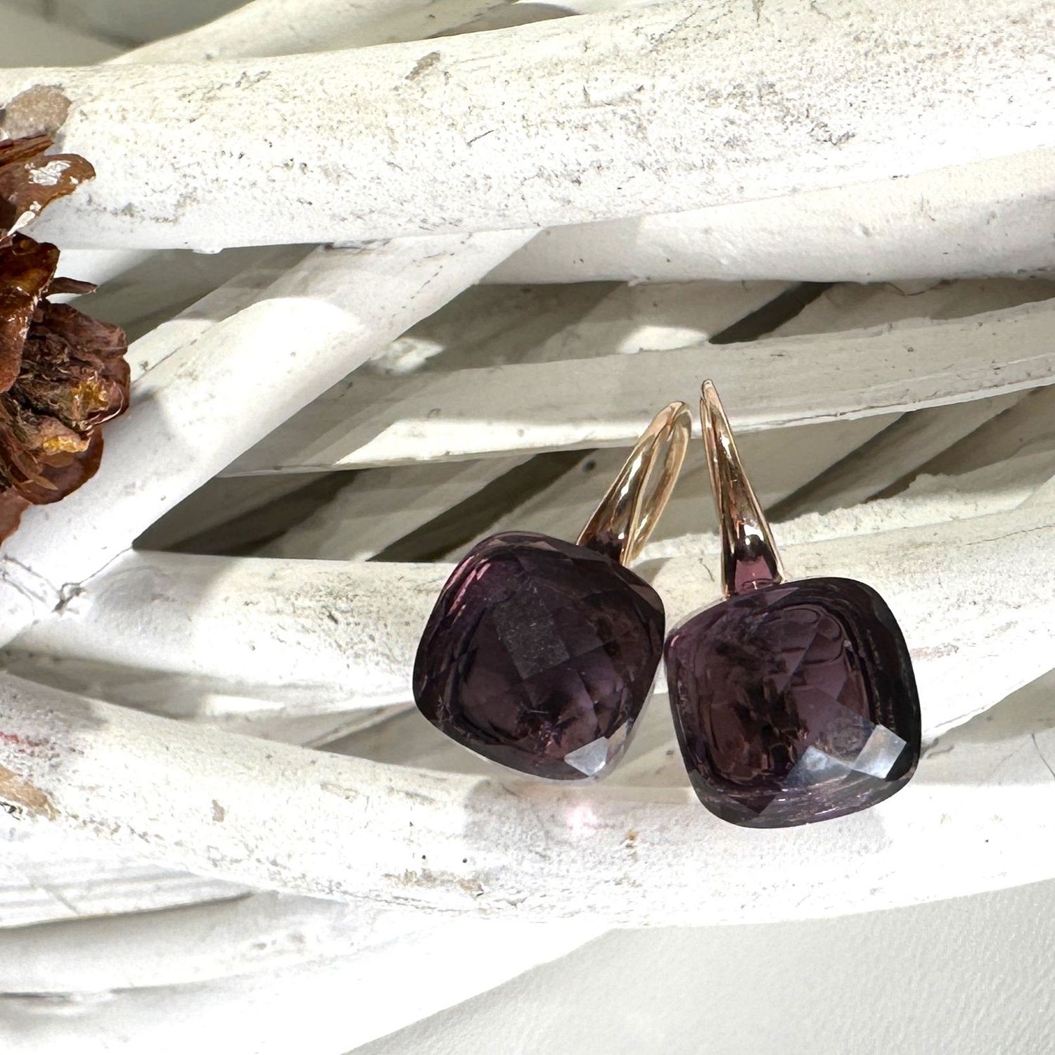 Orecchini monachella in argento rosa e quarzo idrotermale viola-Lucos