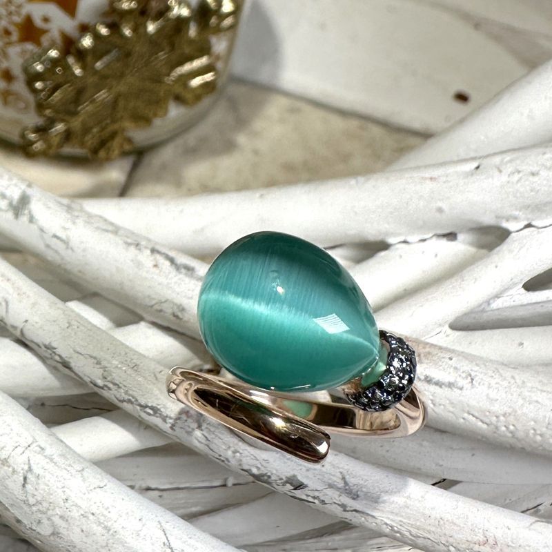 Anello 'palloncino' in argento rosa con quarzo idrotermale cabochon verde-Lucos