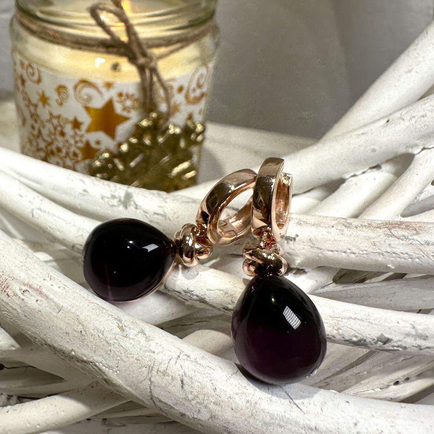 Orecchini in argento rosa con quarzo idrotermale cabochon a goccia viola scuro-Lucos