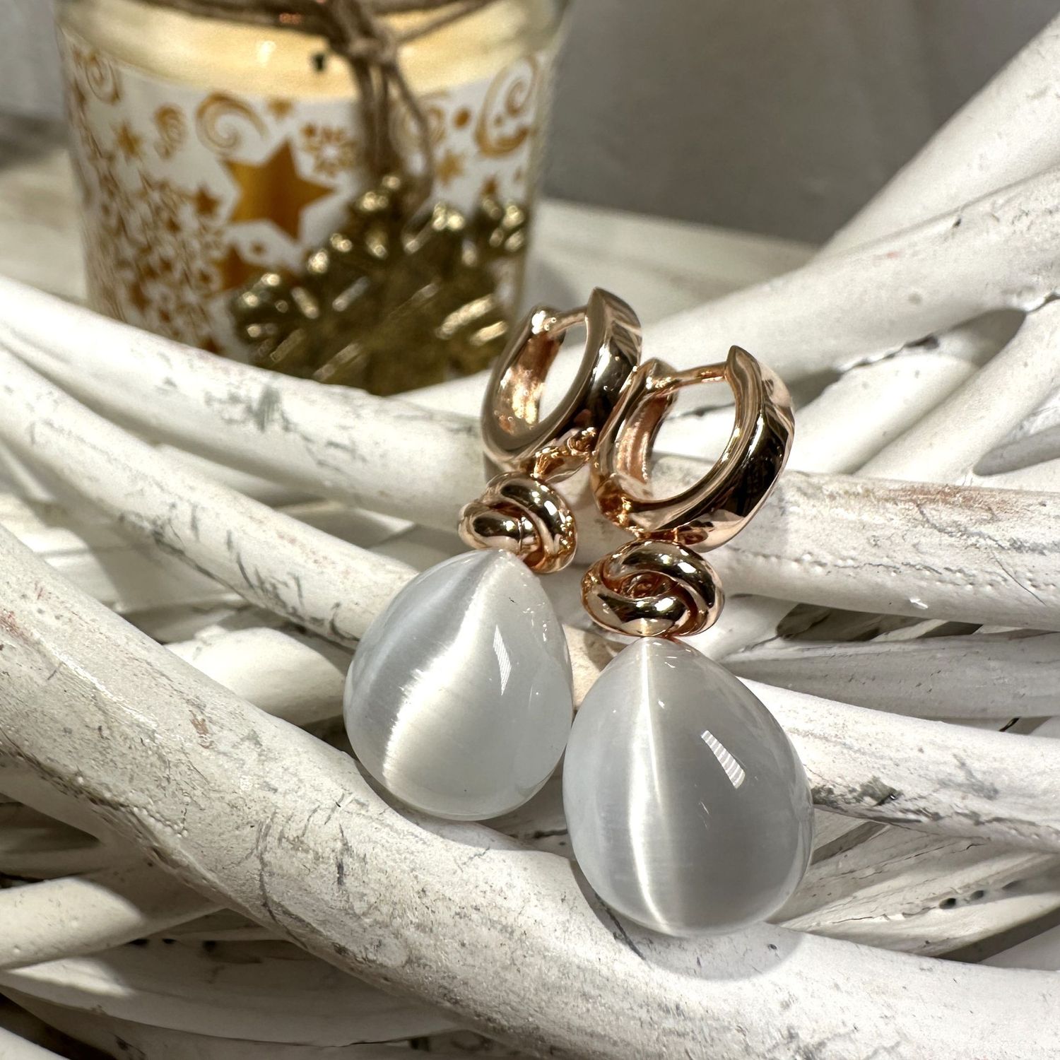 Orecchini in argento rosa con quarzi idrotermali cabochon a gocchia crystal-Lucos
