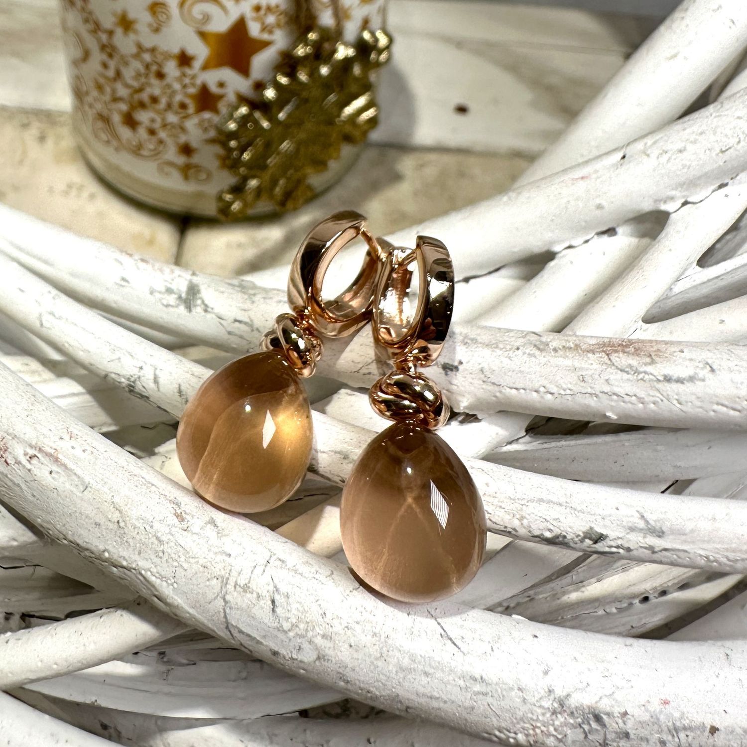 Orecchini in argento rosa con quarzi idrotermali cabochon a goccia pesca-Lucos