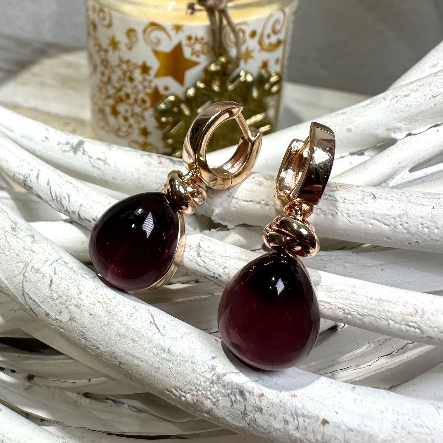 Orecchini in argento rosa con quarzo idrotermale cabochon a goccia vinaccia-Lucos