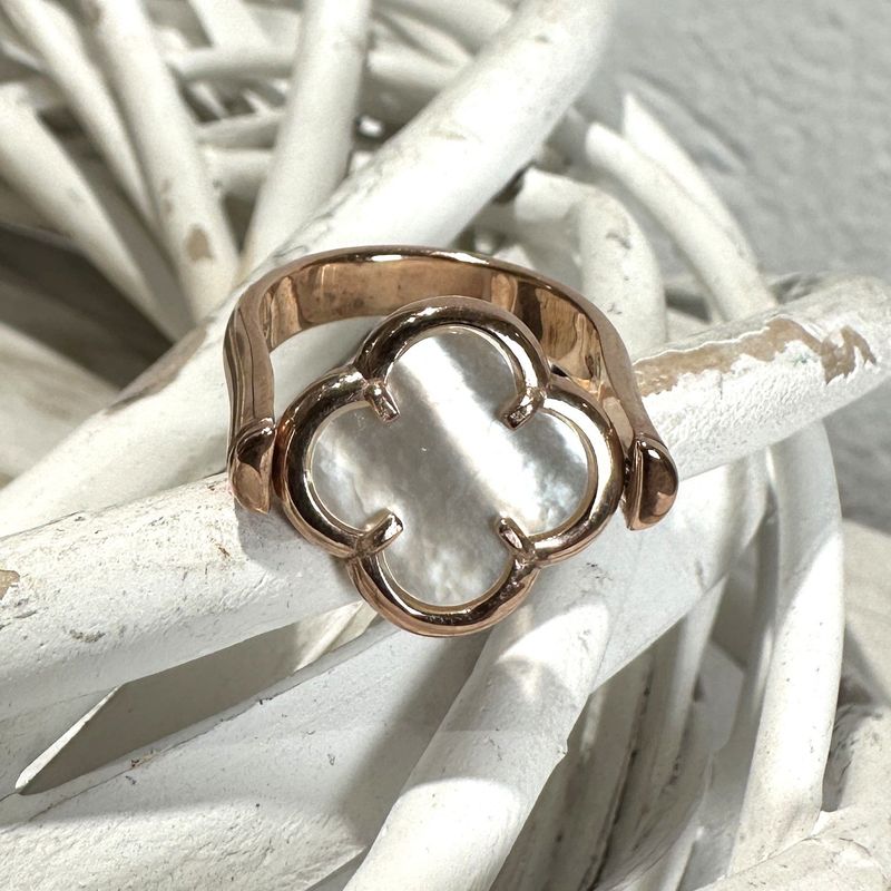 Anello mobile in argento rosa con quadrifoglio in madreperla-Lucos