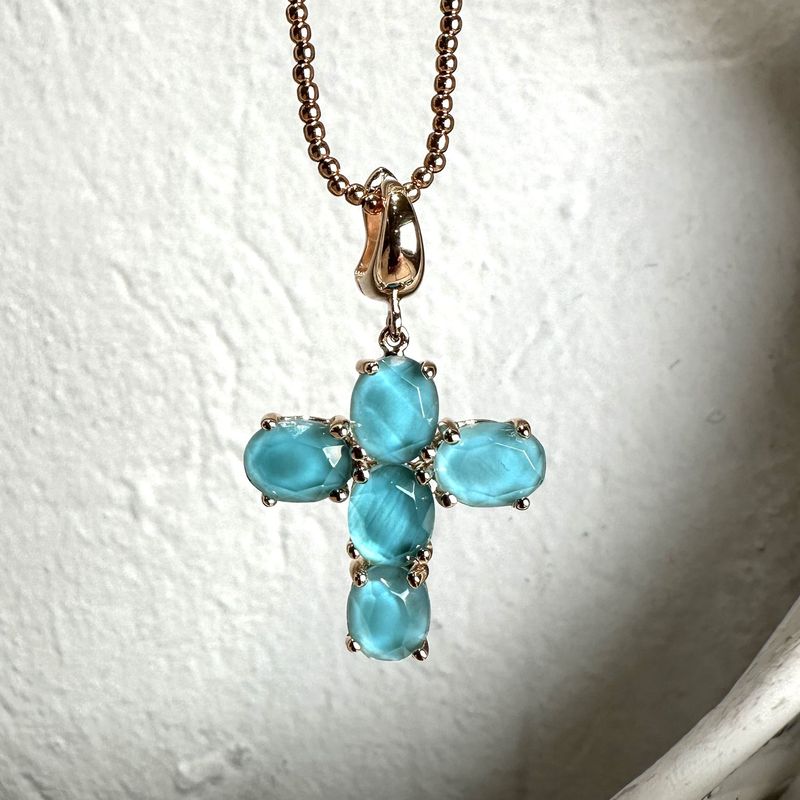Collana con ciondolo apribile a croce in quarzi idrotermali azzurri e argento rosa-Lucos Preziosi