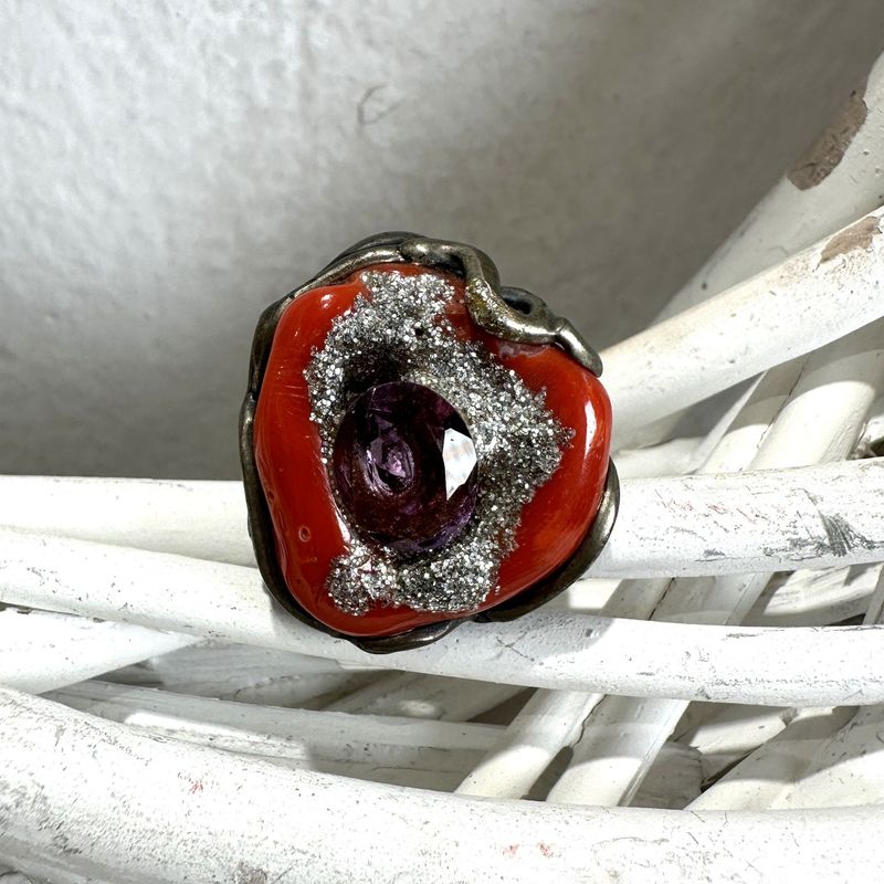 Anello in argento con corallo rosso e ametiste sfaccettata_Ventura Gioielli