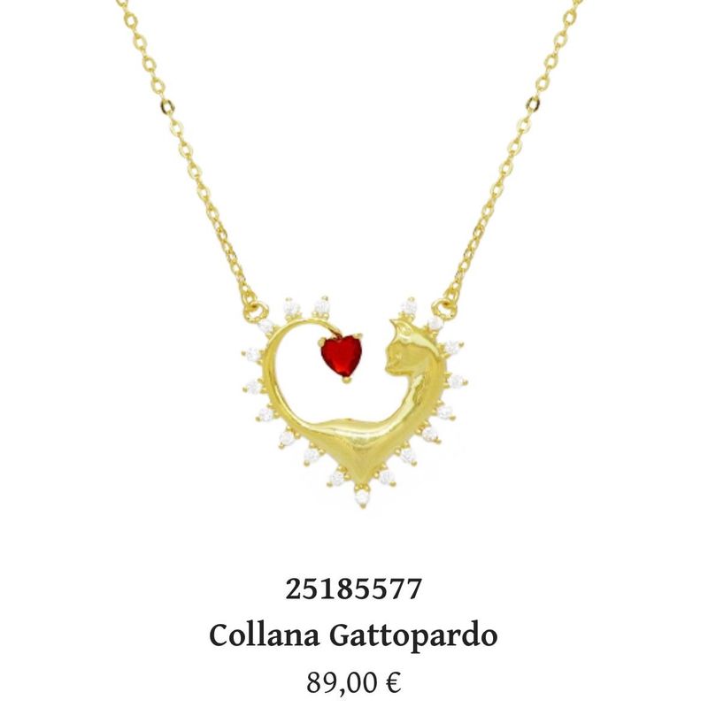 Collana Gattopardo in argento bagnato oro con ciondolo cuore/gatto e zircone rosso-Cuori Milano
