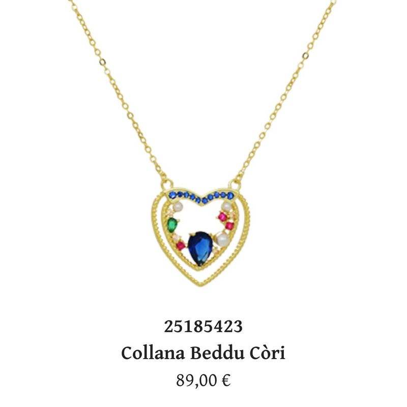 Collana Beddu Cori in argento bagnato oro con ciondolo cuore e zirconi colorati-Cuori Milano