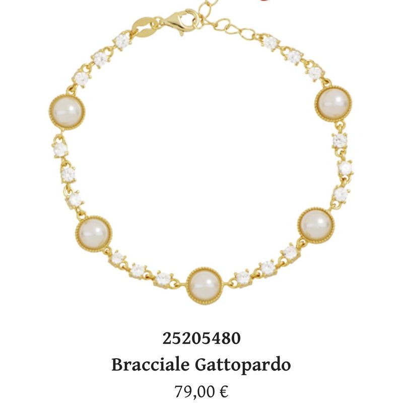 Bracciale Gattopardo,in argento placcato oro e perle sintetiche e zirconi-Cuori Milano