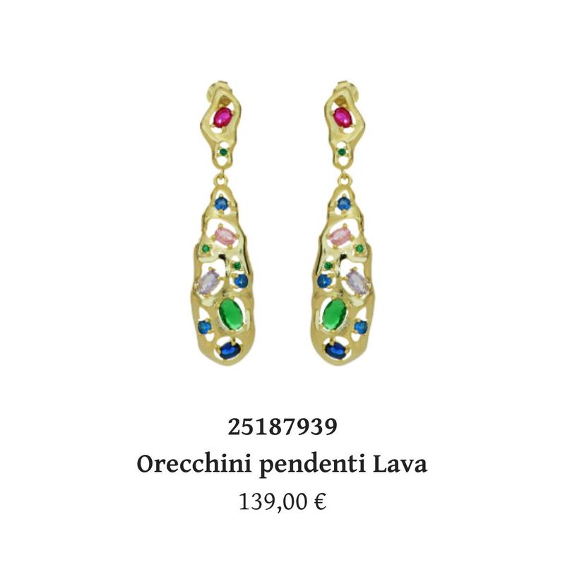 Orecchini pendenti Lava in argento bagnato oro e zirconi colorati-Cuori Milano
