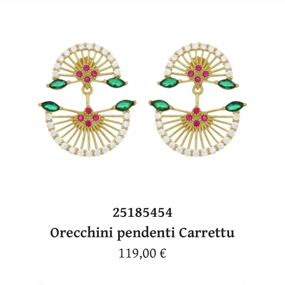 Orecchini pendenti Carrettu  in argento bagnato oro e zirconi colorati-Cuori Milano