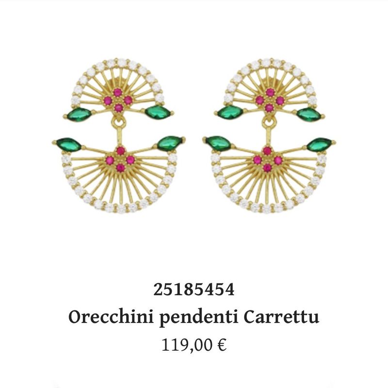 Orecchini pendenti Carrettu  in argento bagnato oro e zirconi colorati-Cuori Milano